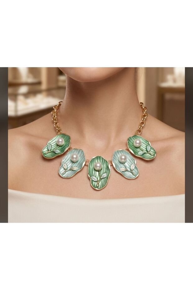 Brass Enamel Pearl Flower Detailed Necklace