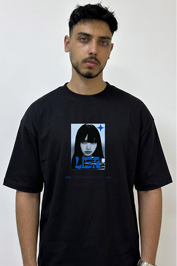 Lisa It Girl Design Printed Oversize Black T-Shirt