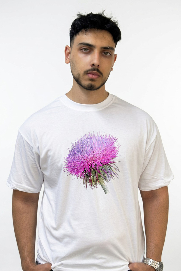 Purple Thistle Design Printed Oversize White T-Shirt