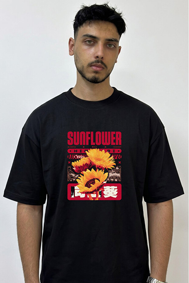 Sunflower Himawari Design Printed Oversize Black T-Shirt