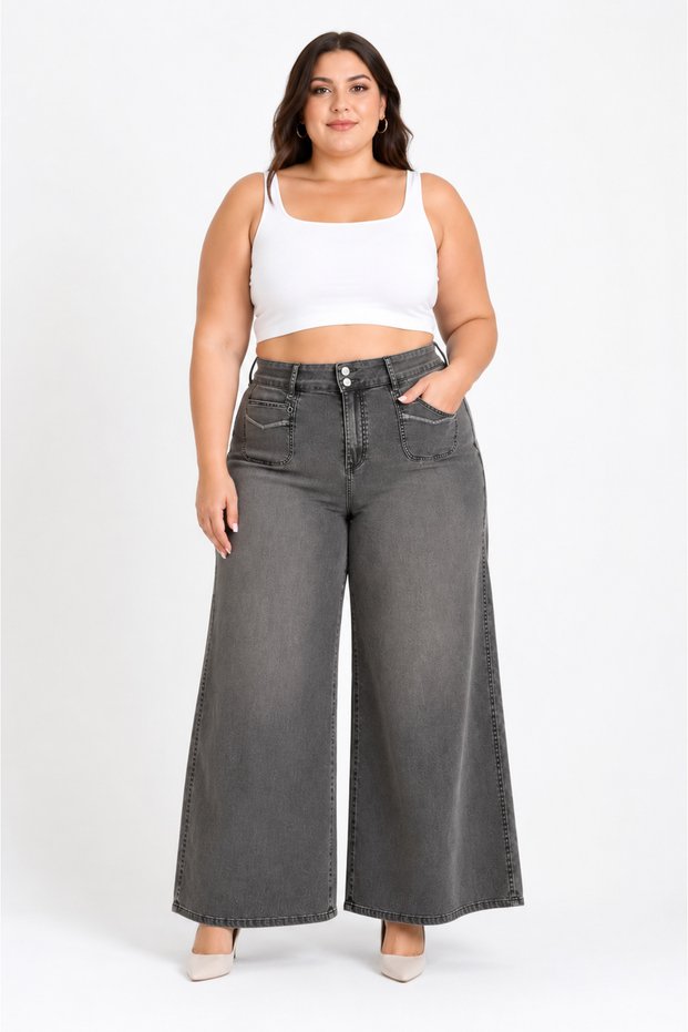Plus Size Denim High Waist Women's Pants with Stone Detail on Front Pocket and Stone Detail on Wide Legs