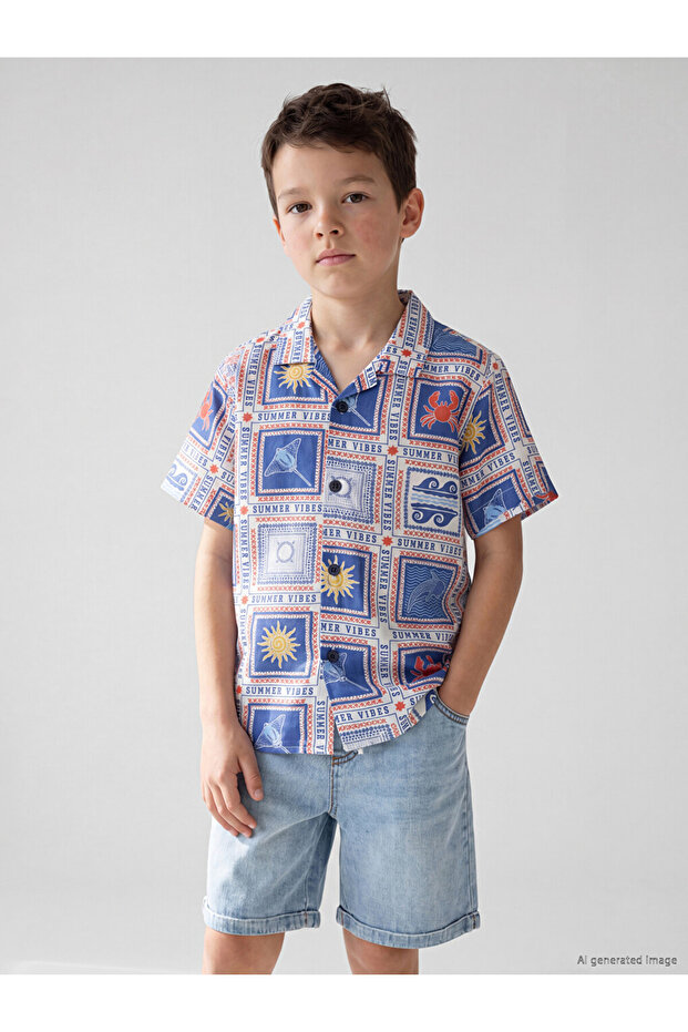 Navy Blue Leaf Patterned Boy's Shirt