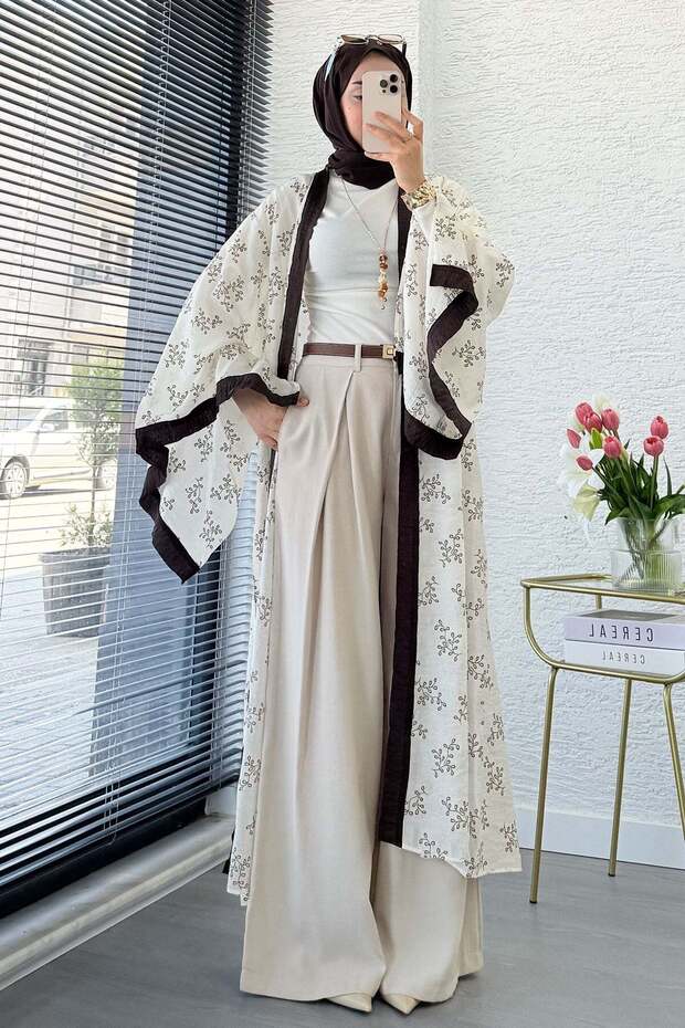 Premium Bat Sleeve Tulle Modal Long Kimono - Beige