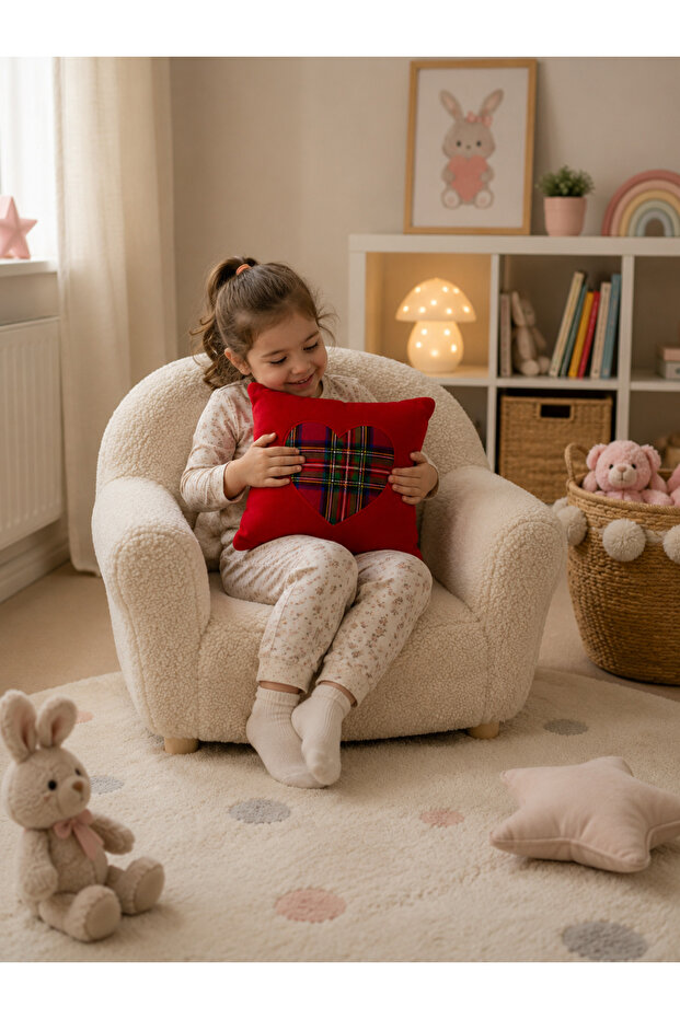 Decorative Plush Pillow with Heart – Green Square Throw Pillow | Soft Textured Sofa, Bed and Children's Room Decorative Pillow