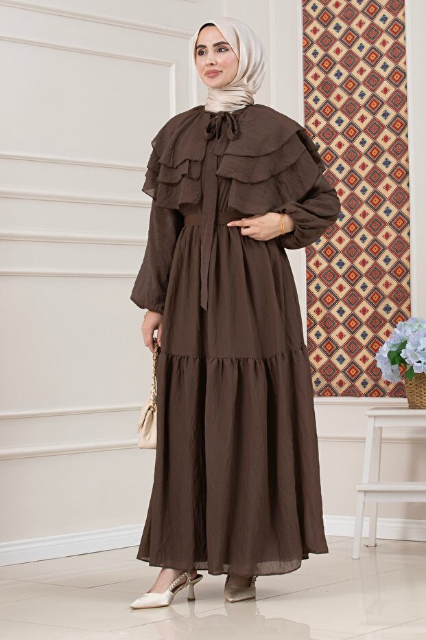 Ruffle Detailed Roza Hijab Dress-Brown