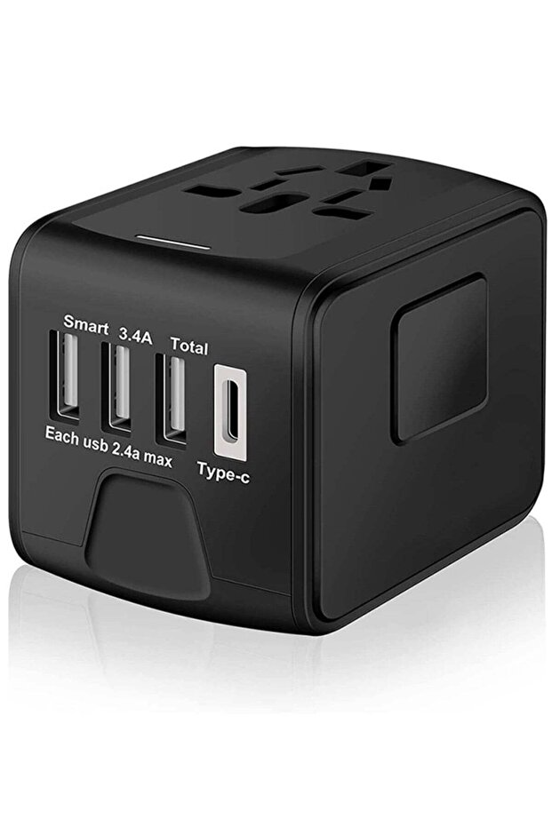 Universal International Travel Power Adapter with High Speed USB & Type-C Charger - Black