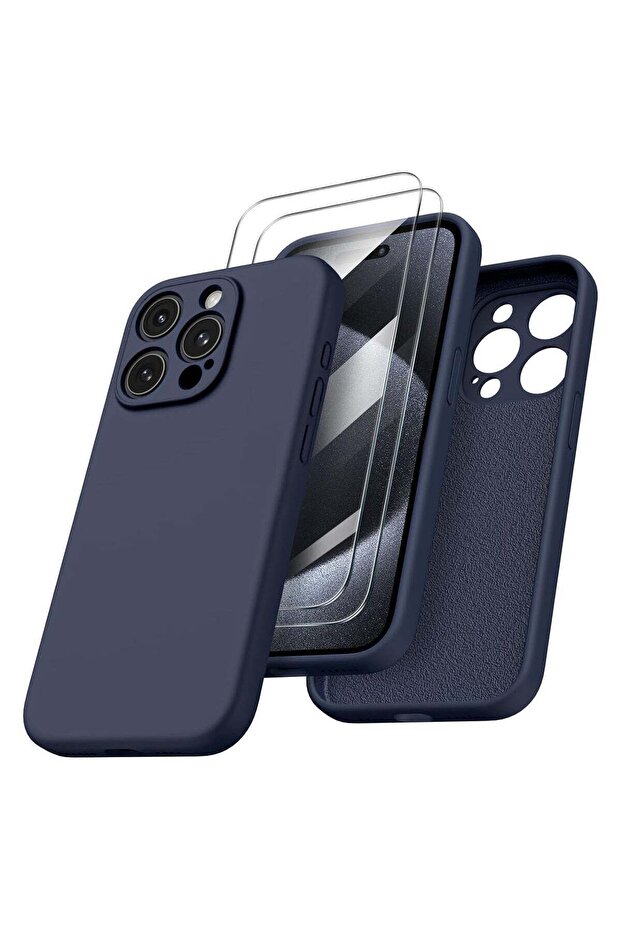 iPhone 15 Pro Max Shockproof Case with 2 Screen Protectors, Liquid Silicone Rubber - Navy Blue