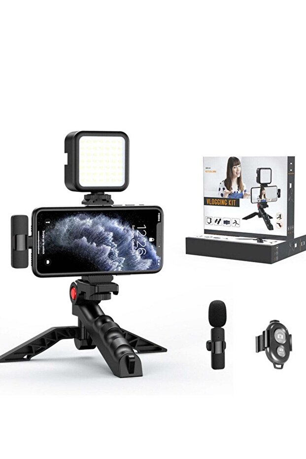 Smartphone Vlogging Kit w/ Tripod Fill Light Microphone Phone Clip for iPhone & Remote