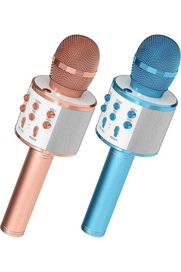 2-Pack Wireless Bluetooth Karaoke Microphones: Portable Handheld Mics with Speaker in Rose Gold & Blue – Perfect Gift for All Ages