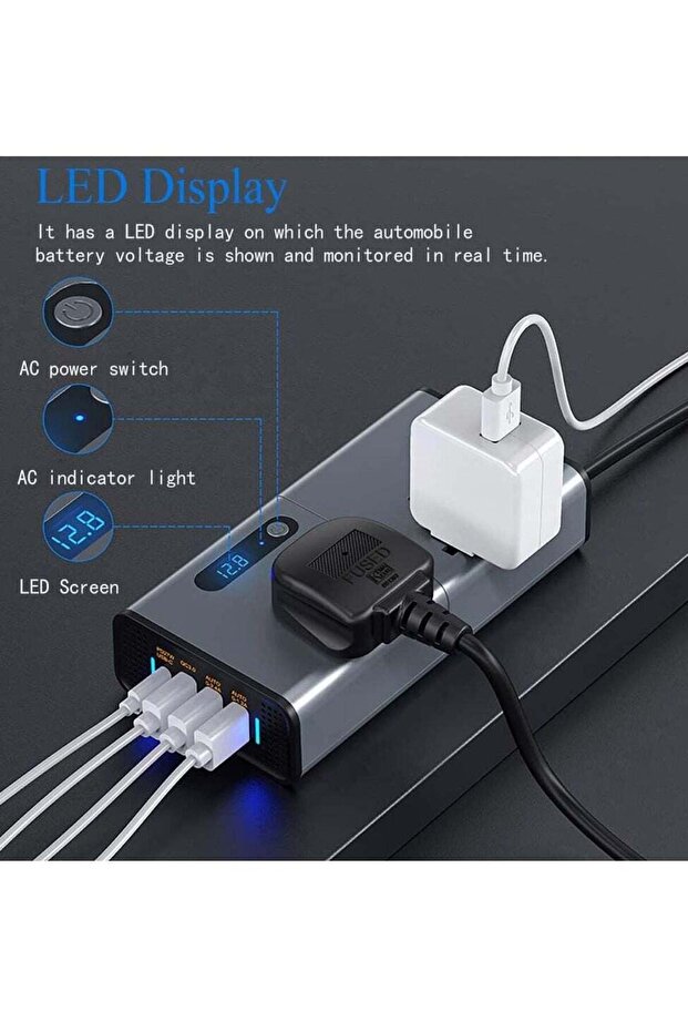 Car Power Inverter 200W – LED Display, Multiple Ports & Switch Control for On-the-Go Charging