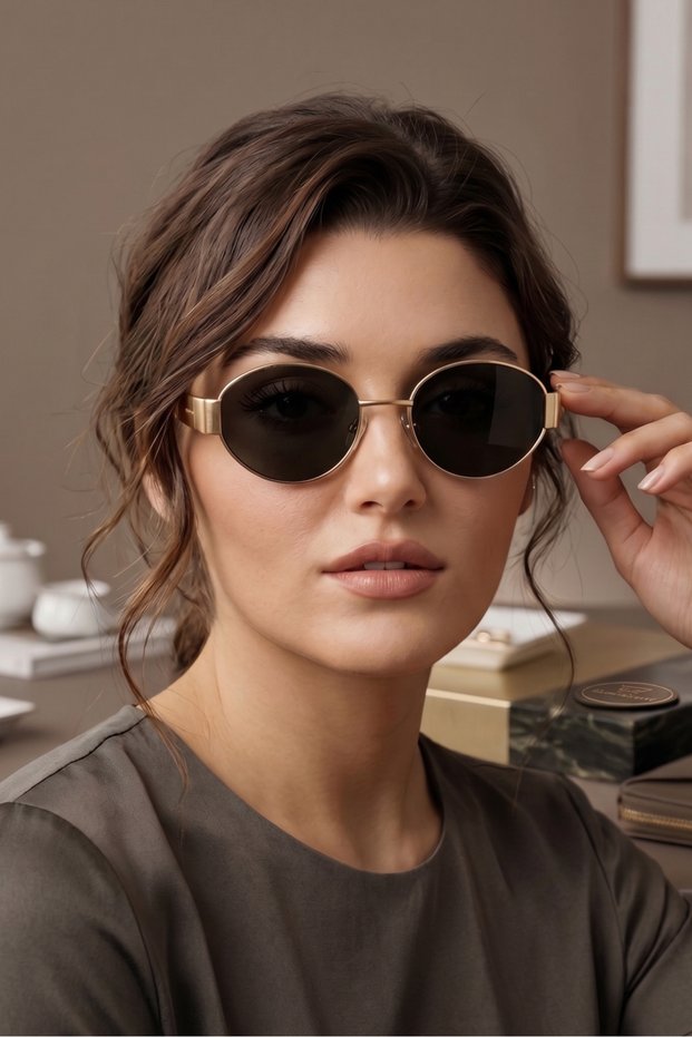 Oval Glass with Metal Frame and Handle Modern and Stylish Sunglasses New Season Glasses