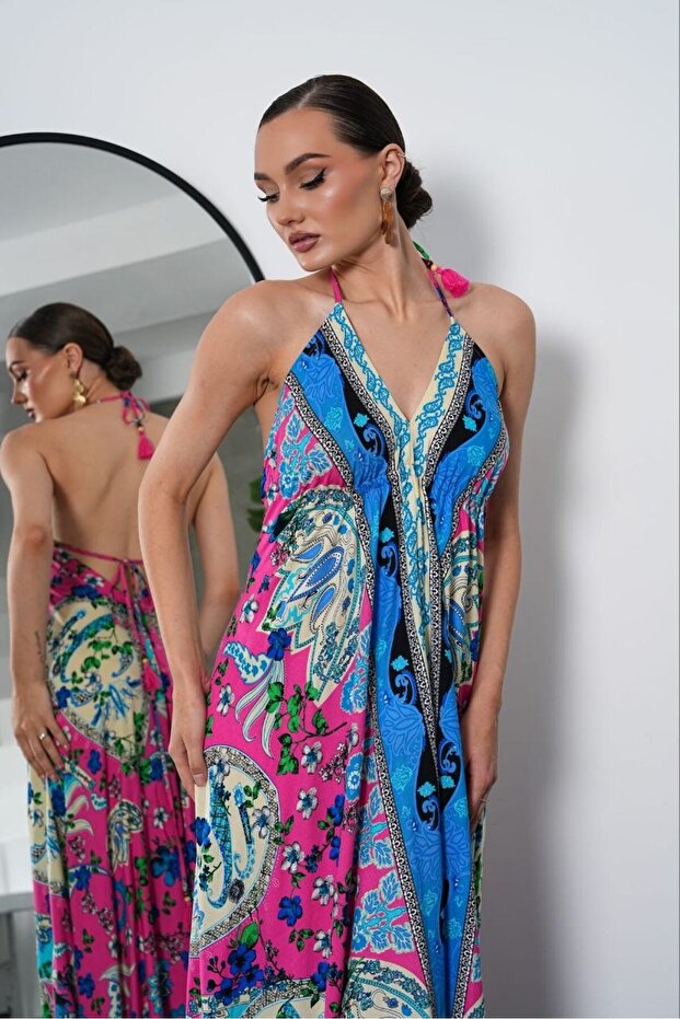 Ethnic Patterned Backless Slit Long Dress - 4