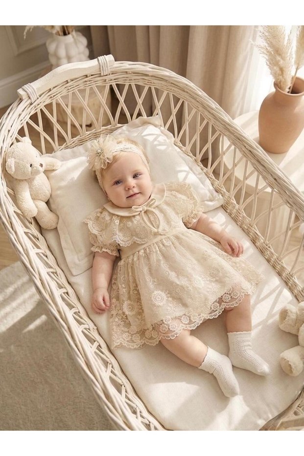Baby Girl Mevlütlük Dress with Collar Bandana and Cape, Summer Lace Newborn Hospital Release Wedding Dress, 100% Cotton Evening Dress Mevlitlik 4032K