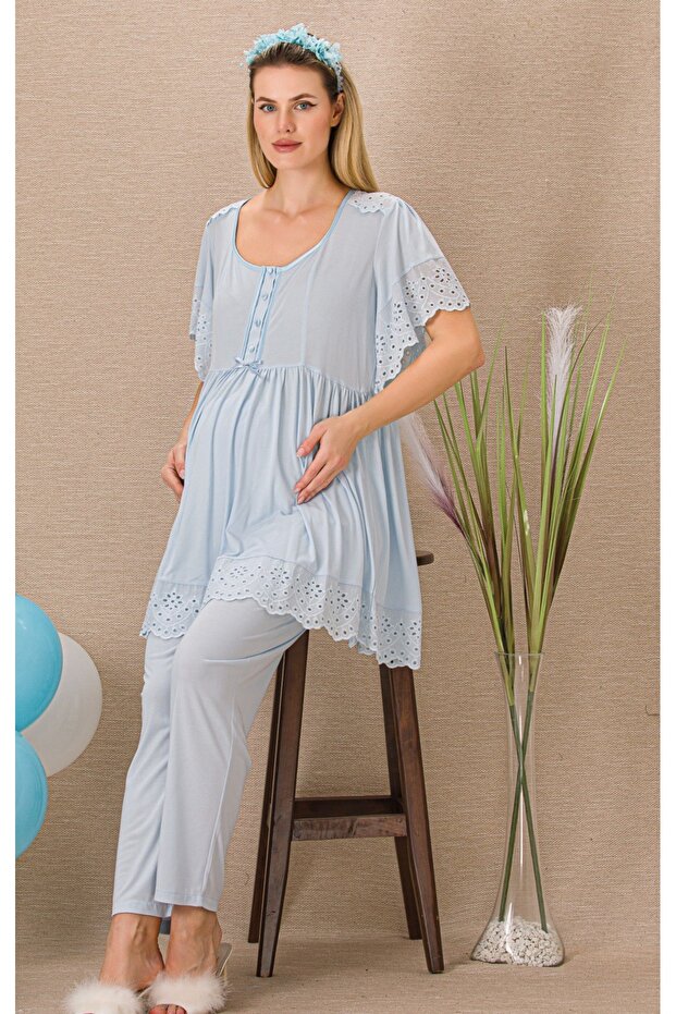Buttoned Hollow Out Collar with Guipure Detail Comfortable Maternity & Postpartum 2-Piece Set