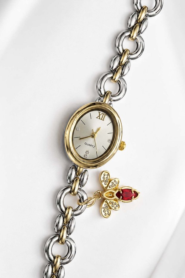 Gress Women Gold & Silver Double Color Chain Bracelet Watch Butterfly Charm Detailed White Dial Luxury Vintage Elegant Women Wristwatch 2026