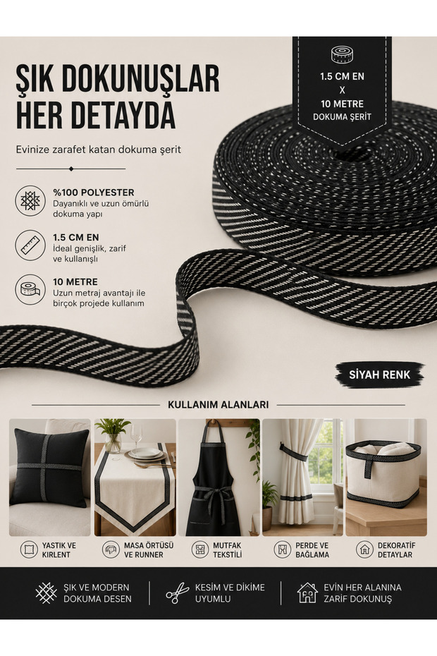 10 Meters, Width 1.5 Cm, Black Striped Quality Multi-Purpose Ribbon, Bias Tape, Sewing Tape, Textile Ribbon