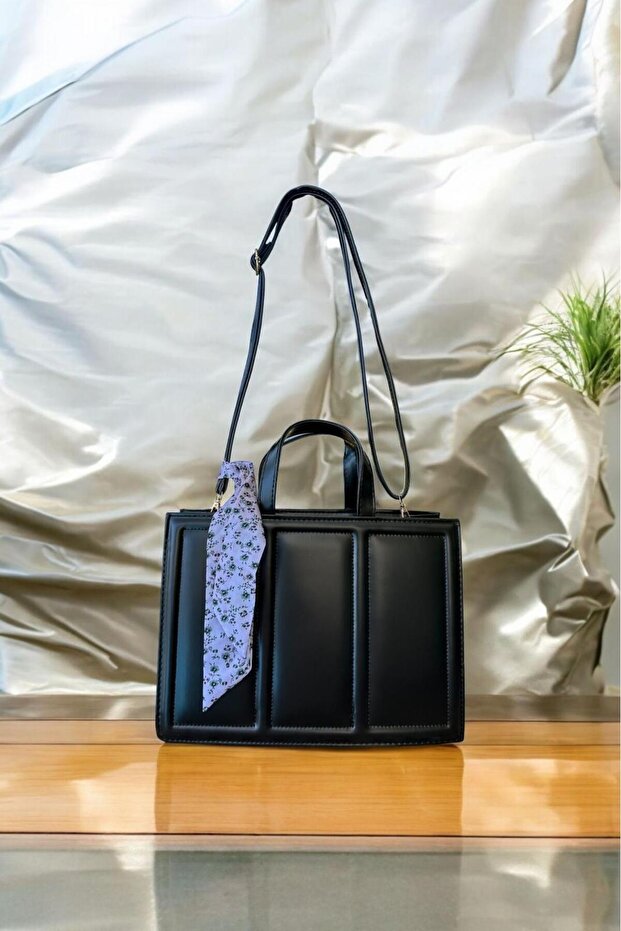 Stylish Black Design Leather Bag with Scarf