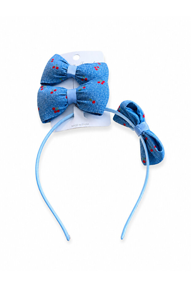 Cherry Patterned Denim 3-Piece Crown and Buckle Set