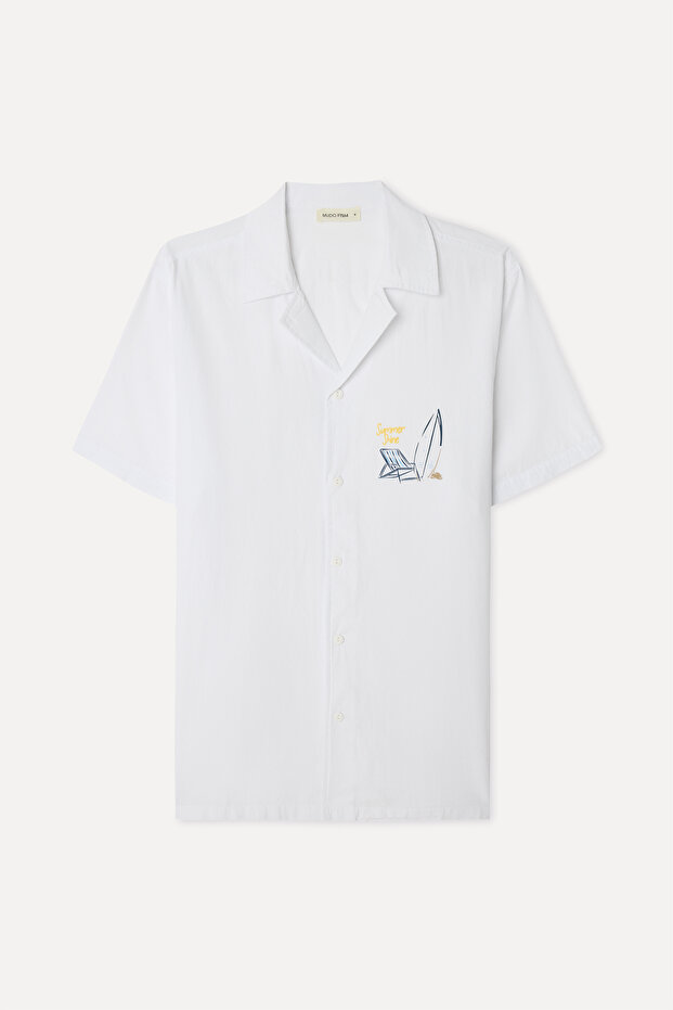 Men's White Embroidered Regular Fit Resort Collar Short Sleeve Shirt