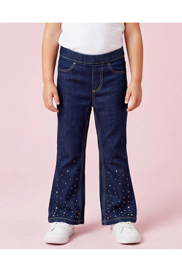 Girls Dark Wash Studded Flared Jeggings