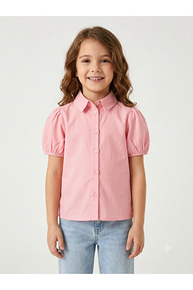 Girls' Short Sleeve Balloon Sleeve Button Casual Summer Woven Shirt