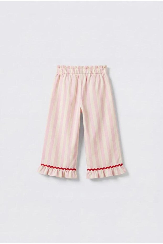 Girl's Pink Striped Ruffle-Cuff Trousers