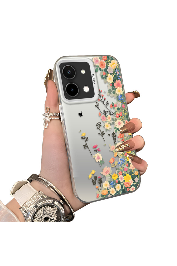 Vivo Y28 Compatible Silicone Edge Hard Back Case Couple Phone Case with Floral Pattern