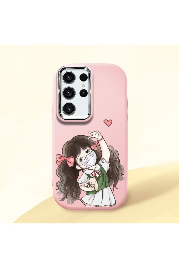 Samsung Galaxy S24 Ultra Compatible Case Camera Protector Pink Silicone Couple Phone Case Girl Patterned