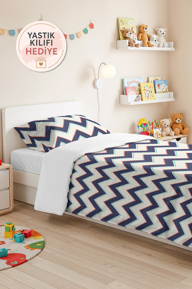Navy Blue Zigzag Geometric Youth Room Single Pique Set - Mint 160X220 cm Quilted Bedspread