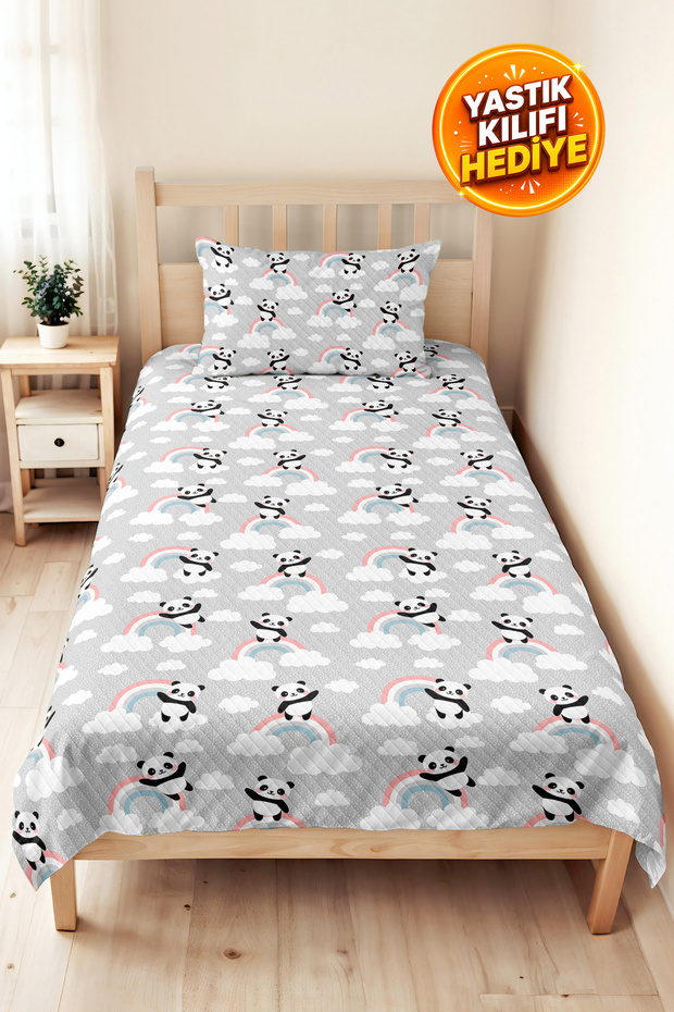 Gray Panda Rainbow Children's Room Single Pique Set - Pastel Cloudy 160X220 cm Bedspread