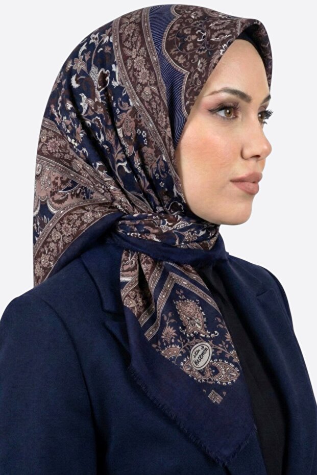 Women's Navy Blue Brown Shawl Patterned Flared Scarf