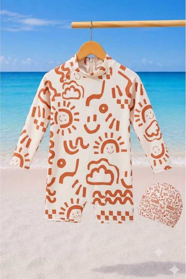 Boy's Long Sleeve Back Zipper Shorts Jumpsuit Swimsuit and Cap Set