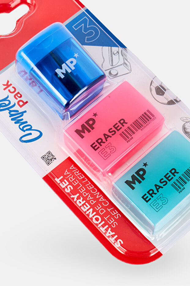 3 Pieces Eraser And Sharpner Complete Set, Multicolor - 3