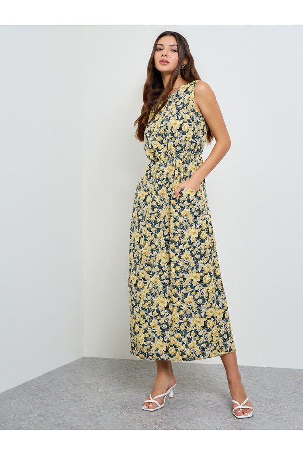 Yellow Floral Print Sleeveless Midi Dress