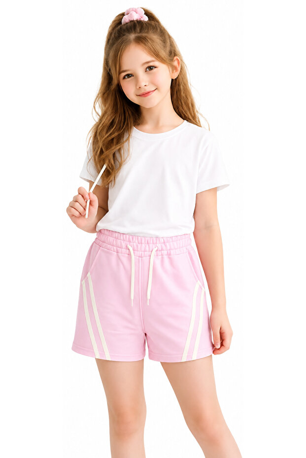 Girl's Elastic Waist, Drawstring, Double Line Patterned, Ribbed, Pocketed, Pink Color Combed Cotton Shorts