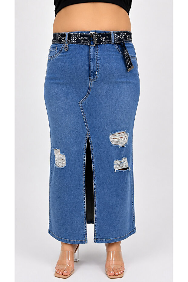 Plus Size Denim Belted Slit Pencil Skirt