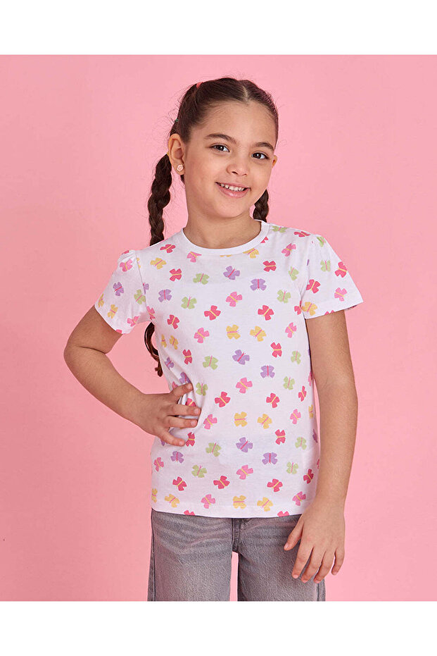 Girls White Butterfly Print T Shirt