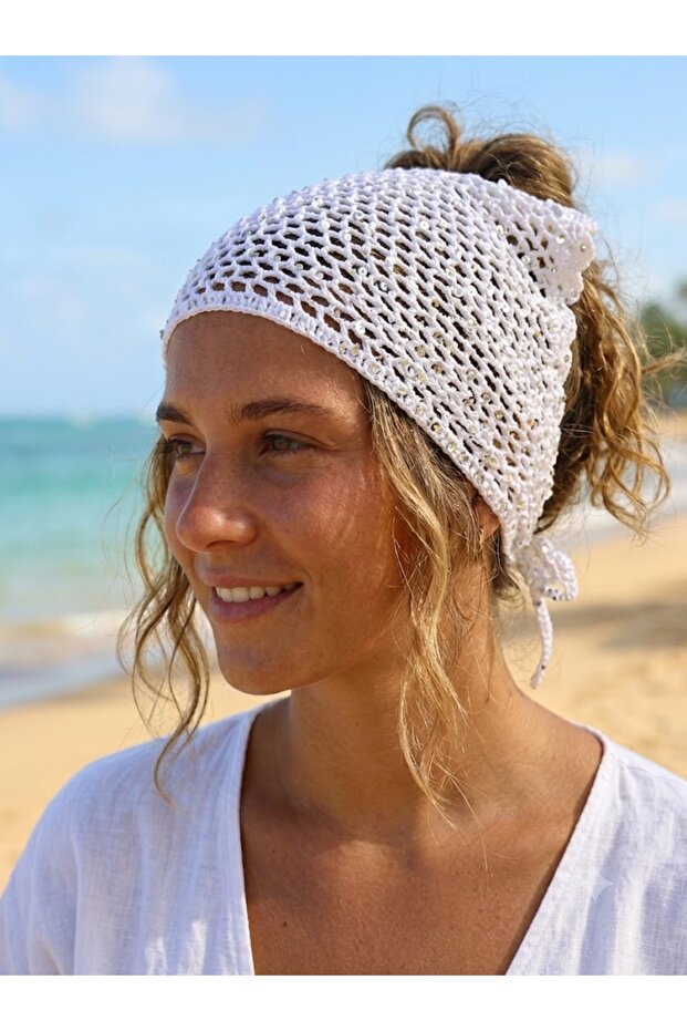 Seamless Hand Knitted White Color Silver Sequined Bandana