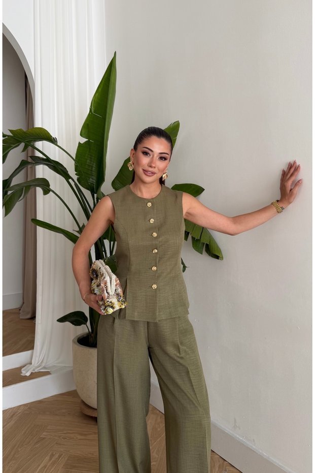 Mona Gold Button Detailed Women's Linen Vest and Trousers Set - Khaki