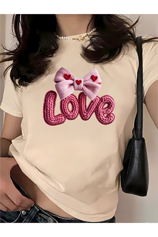 تي شيرت قطني كبير الحجم مطبوع عليه Love Bowknot