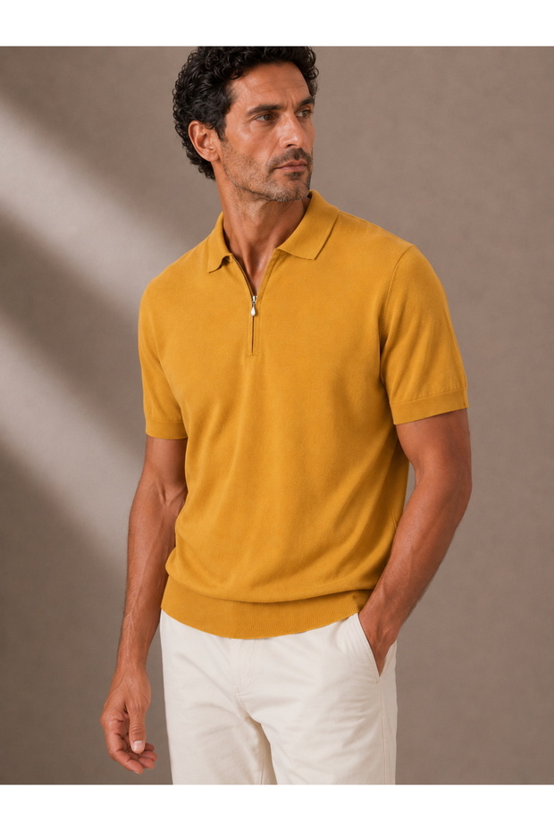 Half-Zip Premium Polo Collar Knitwear T-Shirt - Cotton & Tencel