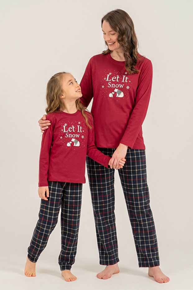 Let It Snow Mother Daughter Burgundy Long Sleeve Pajama Set Ar3730-A-V1