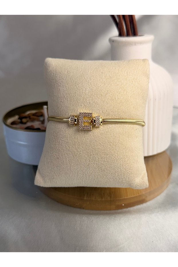E Letter Detail Zircon Stone Women's Steel Bracelet