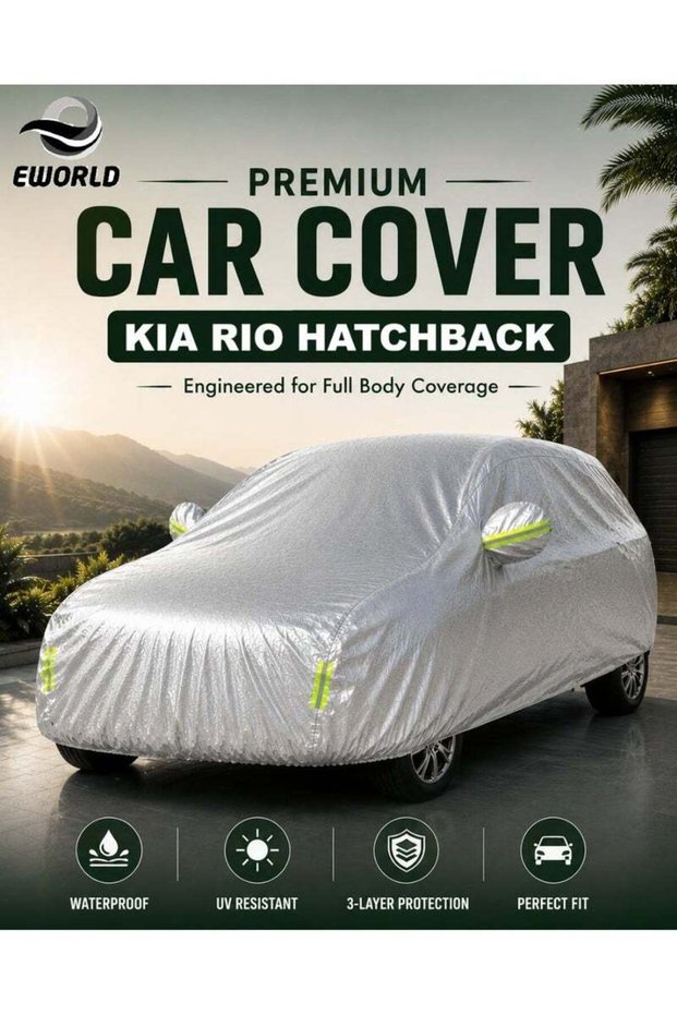 Waterproof UV Resistant Full Car Cover for Kia Rio - All Weather Dustproof Sun Protection Outdoor Cover, Silver