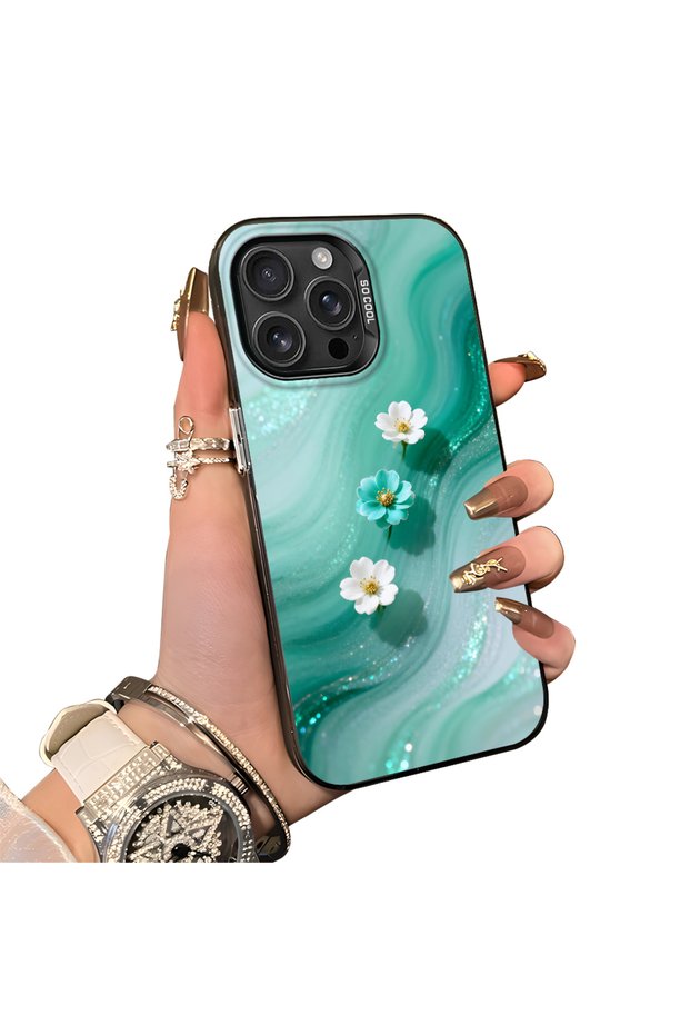 iPhone 16 Pro Compatible Silicone Edge Hard Back Case Couple Phone Case with Floral Pattern