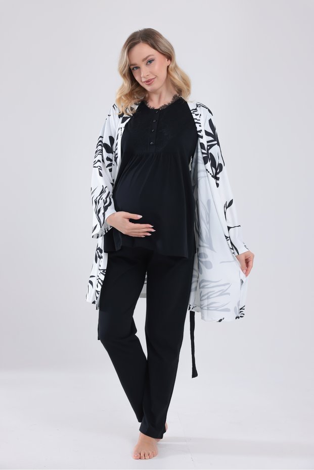 New Season Black Special Lace Design 100% Cotton Maternity Pajama Set with 3 Pieces