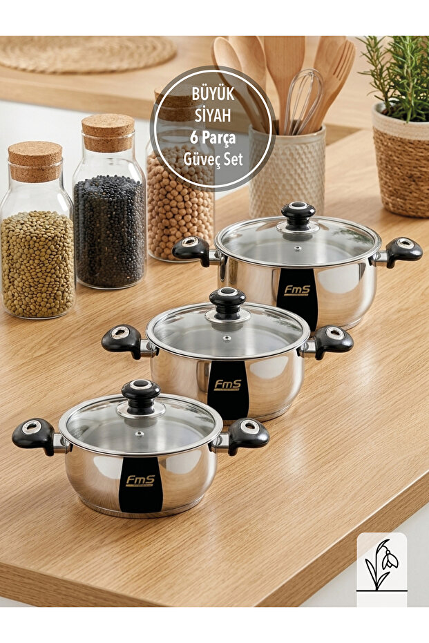 Large Black 6-Piece Casserole Cookware Set |   18/10 Stainless Steel |   Induction Compatible |   16-18-20 |
