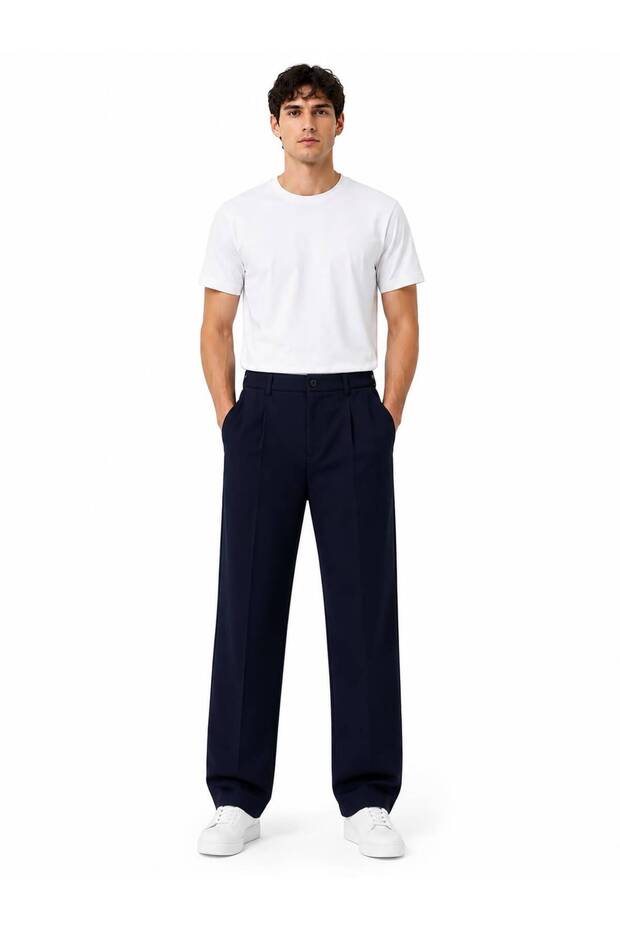 Men's Pleated Half Elastic Baggy Fabric Trousers