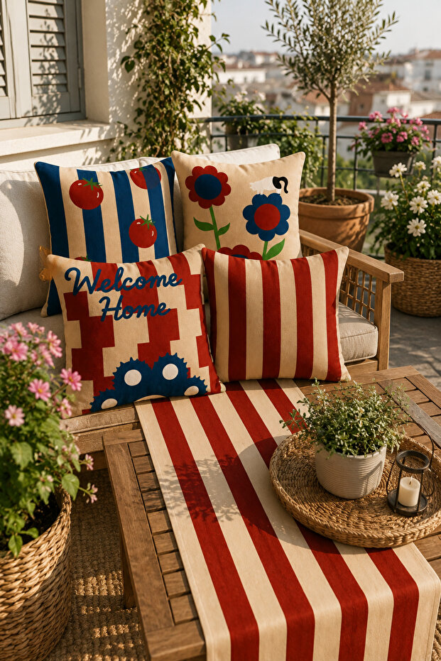 Striped Runner and 4-Piece Throw Pillow Cover Set | Balcony Garden Decorative Cushion Set (Double Sided)