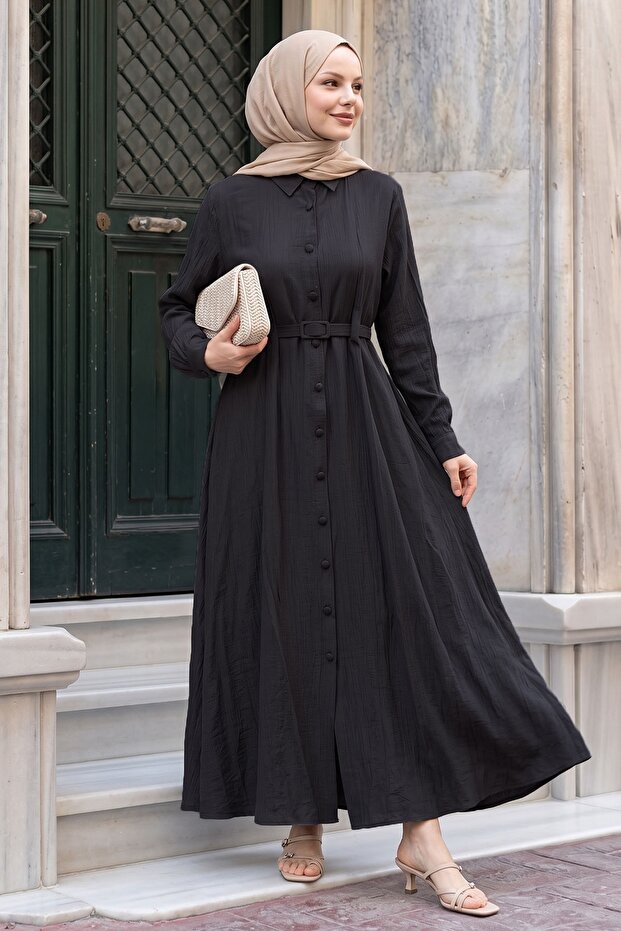 Belted Buttoned Black Ferace Dress